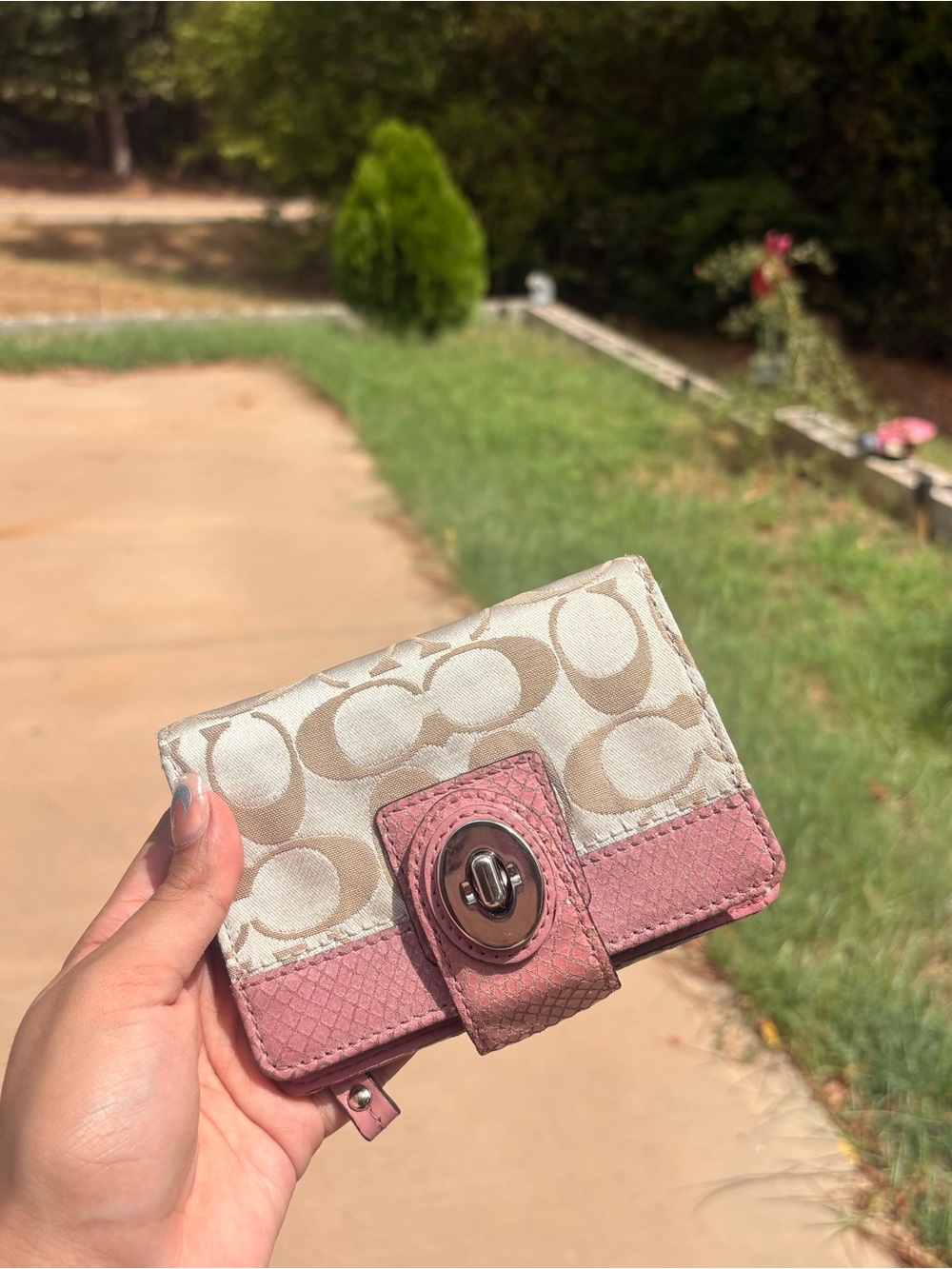 Coach Beige Signature Canvas Wallet with Pink Leather Trim